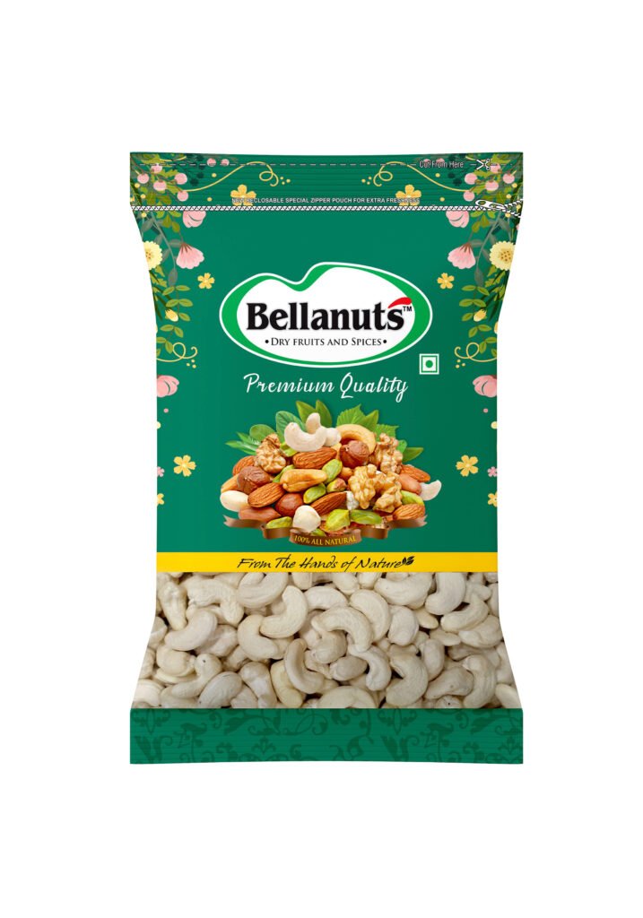 Assorted Bellanuts air-roasted oil-free cashew nutsl, featuring plain, rock-salted, saffron-infused, and skin-on Goa varieties.